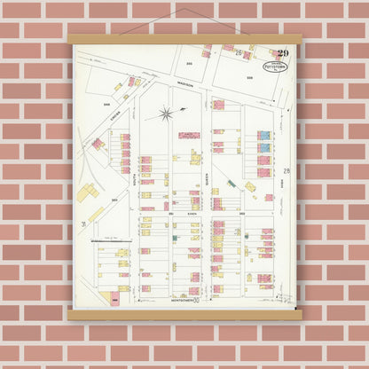 Old map wall art mockup — magnetic wood frame on brick wall — Sanborn Fire Insurance Map from Pottstown, Montgomery County, Pennsylvania (1909), Sheet #0029