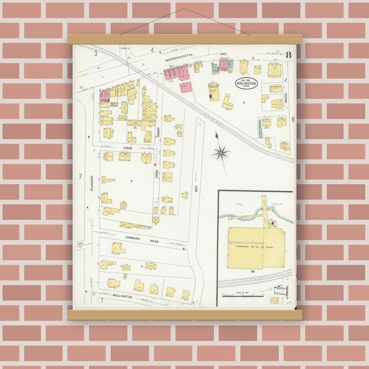 Old map wall art mockup — magnetic wood frame on brick wall — Sanborn Fire Insurance Map from Arlington, Middlesex County, Massachusetts (1908), Sheet #0008