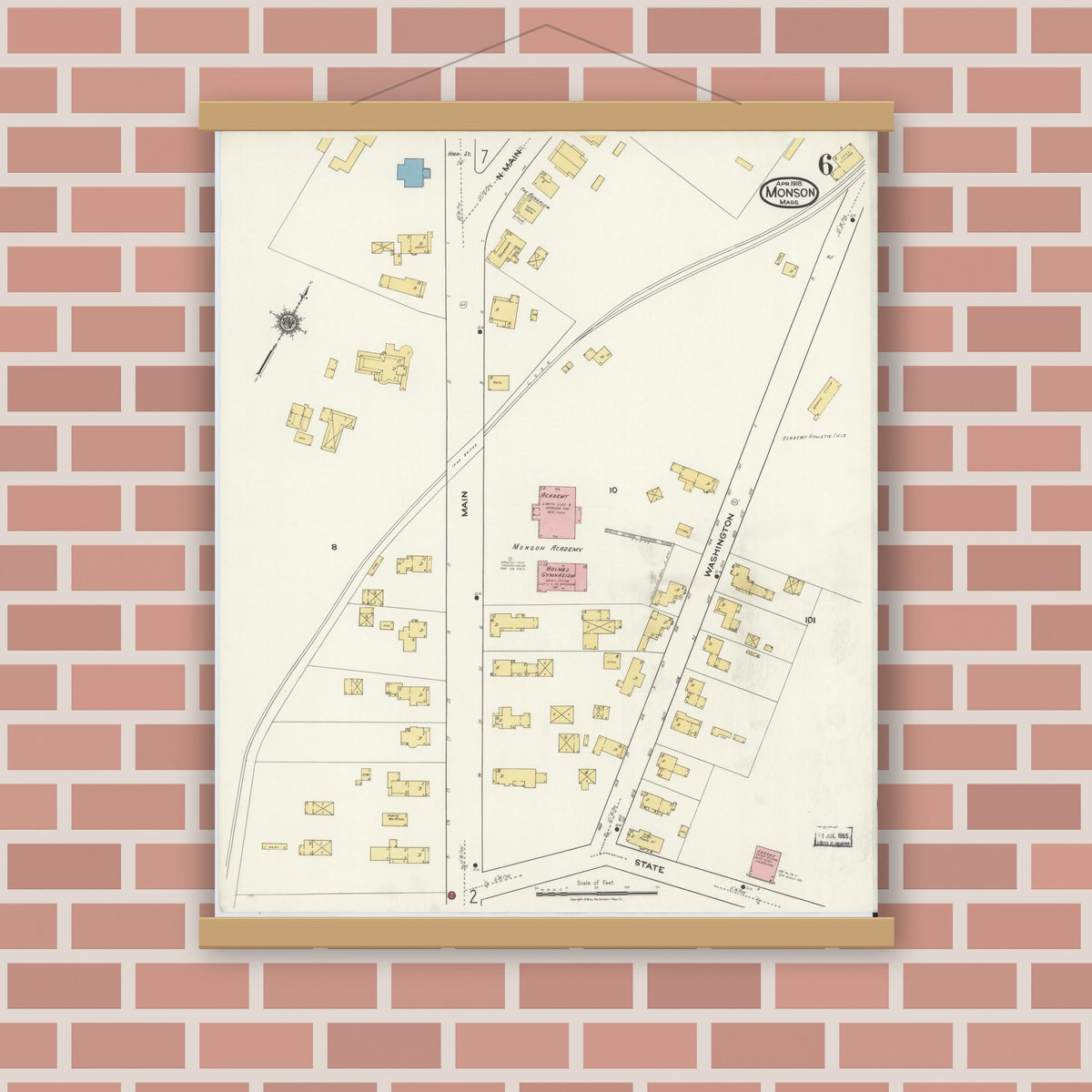 Old map wall art mockup — magnetic wood frame on brick wall — Sanborn Fire Insurance Map from Monson, Hampden County, Massachusetts (1918), Sheet #0006