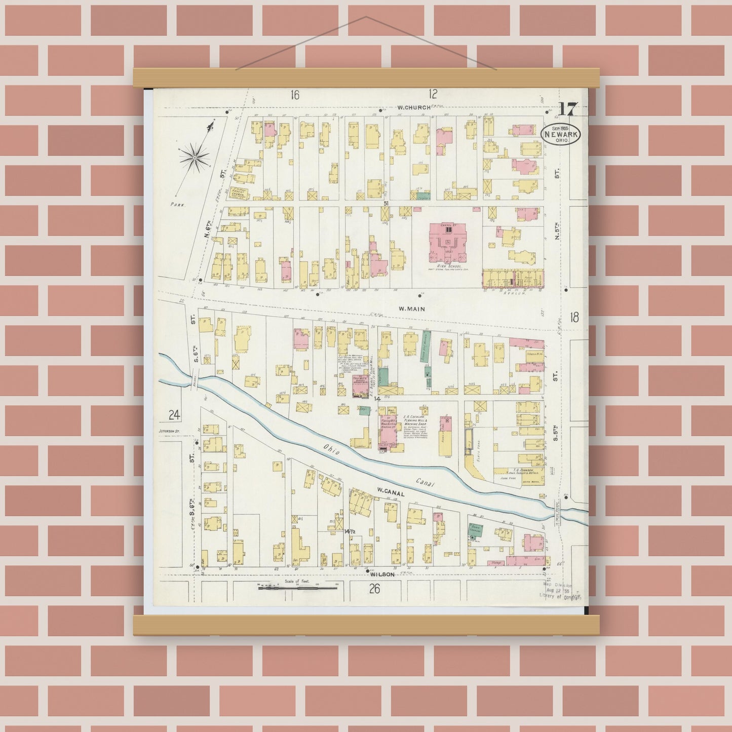 Old map wall art mockup — magnetic wood frame on brick wall — Sanborn Fire Insurance Map from Newark, Licking County, Ohio (1905), Sheet #0017