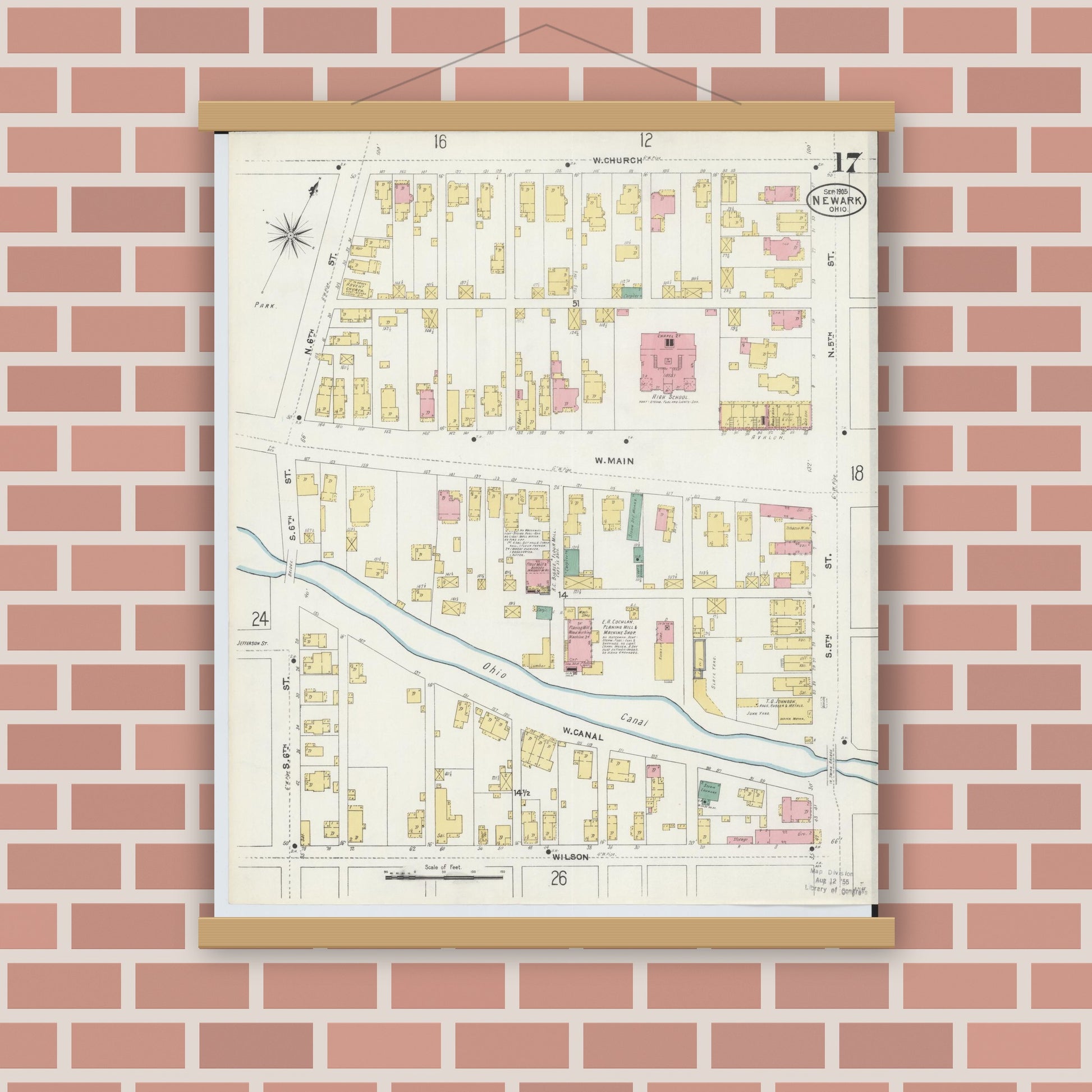 Old map wall art mockup — magnetic wood frame on brick wall — Sanborn Fire Insurance Map from Newark, Licking County, Ohio (1905), Sheet #0017