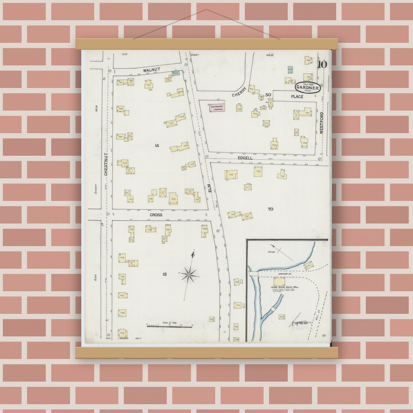 Old map wall art mockup — magnetic wood frame on brick wall — Sanborn Fire Insurance Map from Gardner, Worcester County, Massachusetts (1889), Sheet #0010