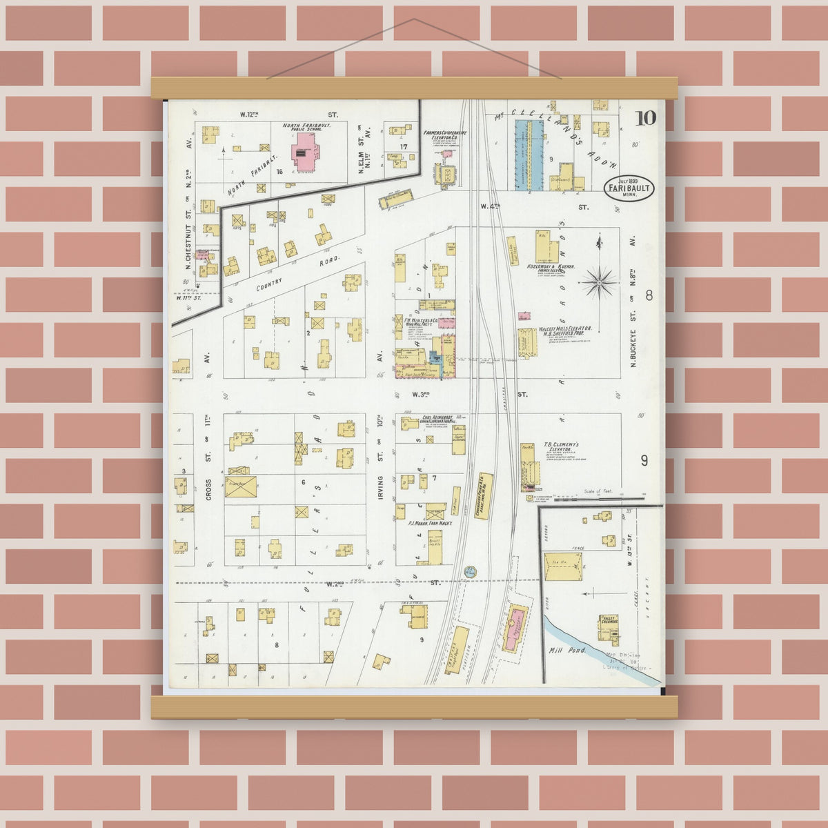 Old map wall art mockup — magnetic wood frame on brick wall — Sanborn Fire Insurance Map from Faribault, Rice County, Minnesota (1899), Sheet #0010