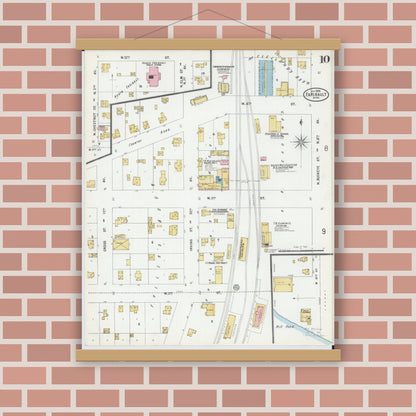 Old map wall art mockup — magnetic wood frame on brick wall — Sanborn Fire Insurance Map from Faribault, Rice County, Minnesota (1899), Sheet #0010