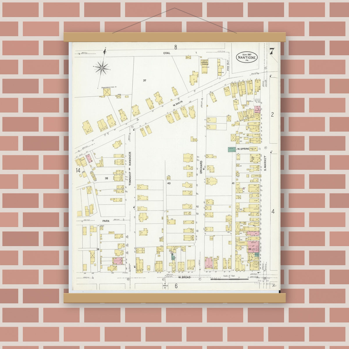 Old map wall art mockup — magnetic wood frame on brick wall — Sanborn Fire Insurance Map from Nanticoke, Luzerne County, Pennsylvania (1907), Sheet #0007