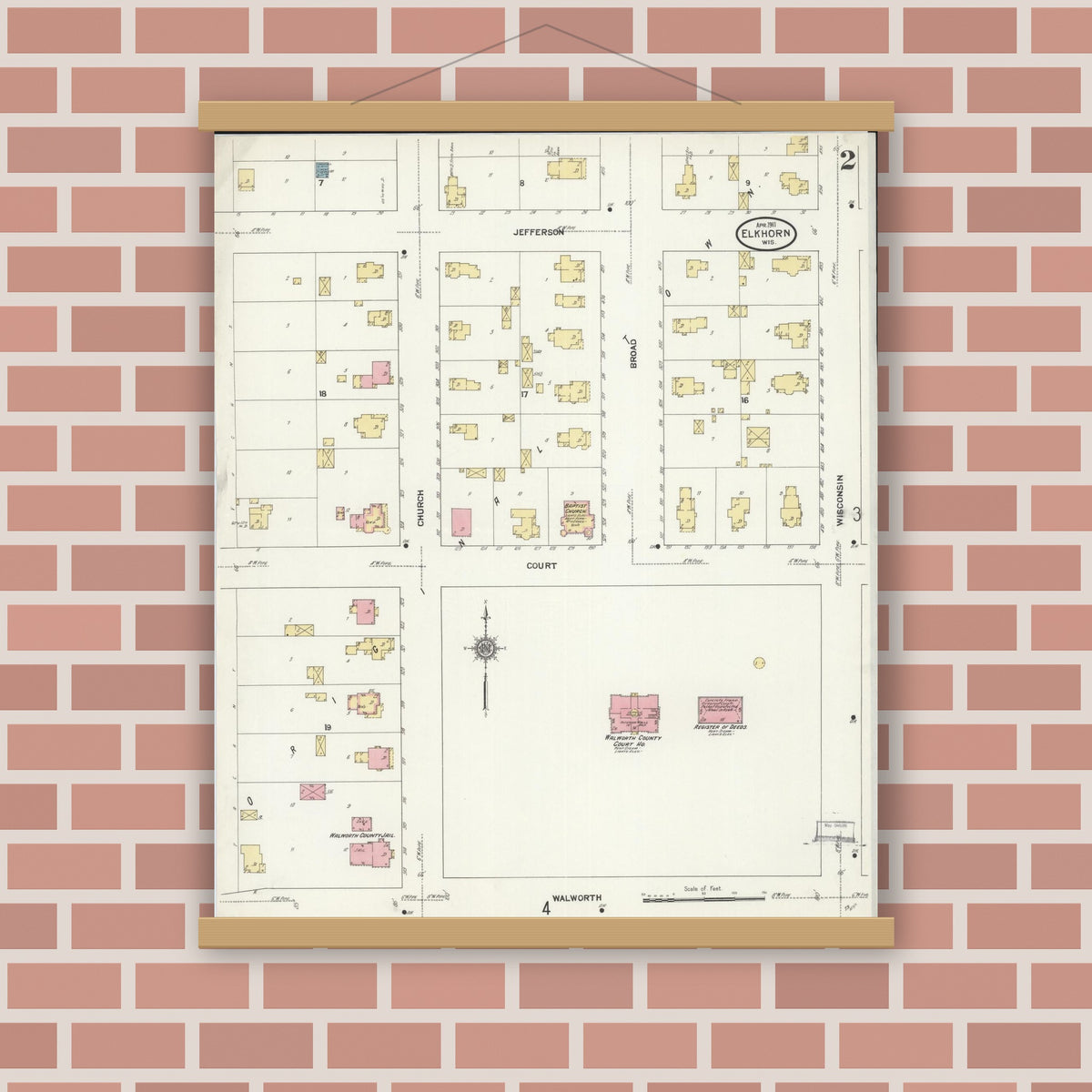 Old map wall art mockup — magnetic wood frame on brick wall — Sanborn Fire Insurance Map from Elkhorn, Walworth County, Wisconsin (1911), Sheet #0002