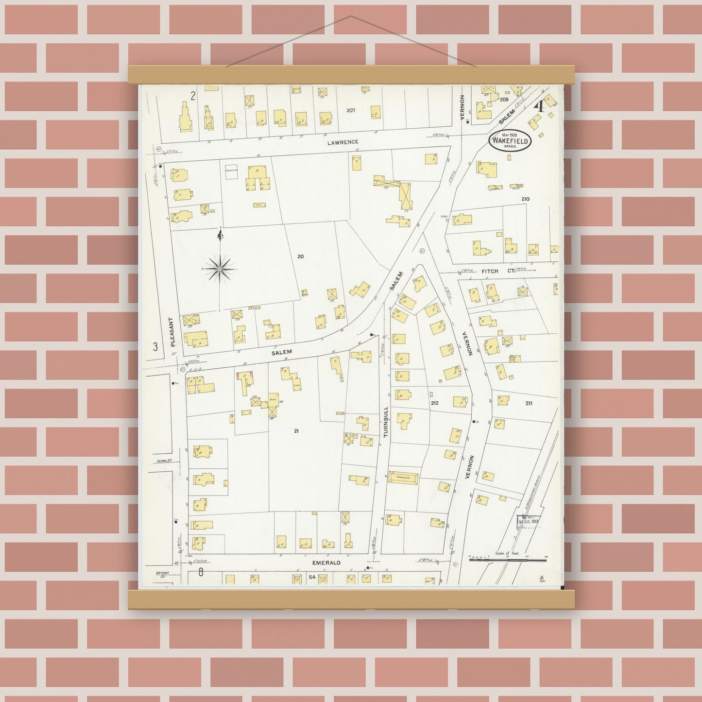 Old map wall art mockup — magnetic wood frame on brick wall — Sanborn Fire Insurance Map from Wakefield, Middlesex County, Massachusetts (1909), Sheet #0004