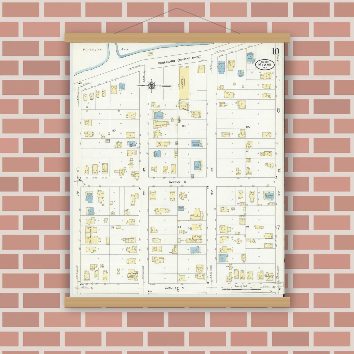 Old map wall art mockup — magnetic wood frame on brick wall — Sanborn Fire Insurance Map from Miami, Dade County, Florida (1910), Sheet #0010