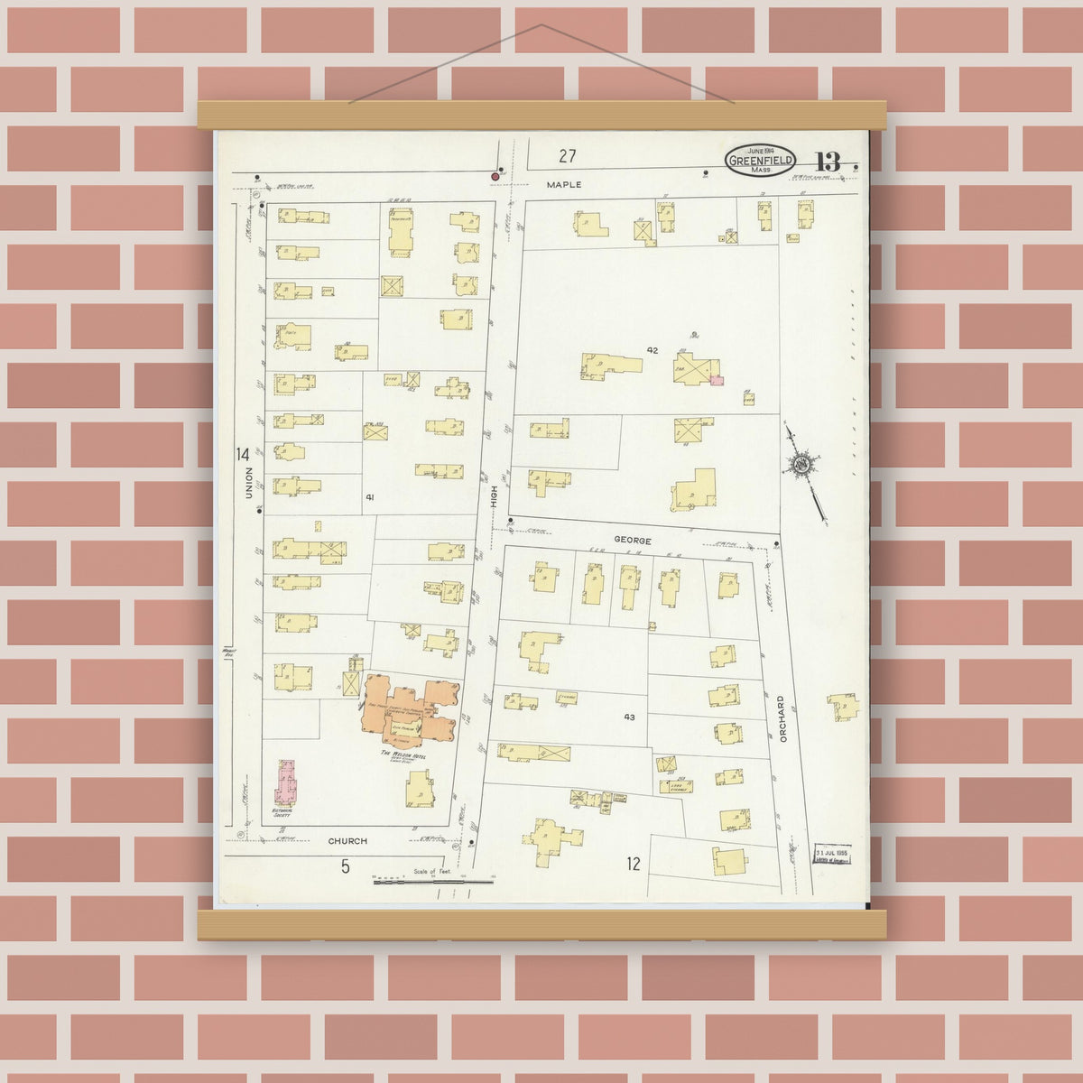 Old map wall art mockup — magnetic wood frame on brick wall — Sanborn Fire Insurance Map from Greenfield, Franklin County, Massachusetts (1914), Sheet #0013