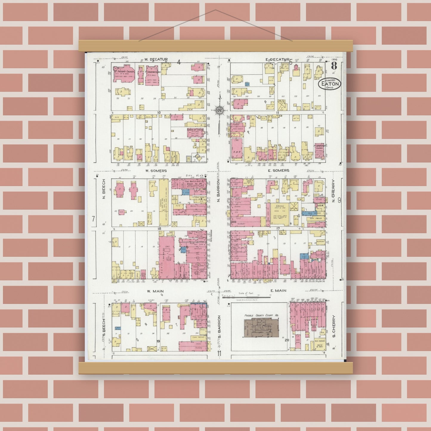 Old map wall art mockup — magnetic wood frame on brick wall — Sanborn Fire Insurance Map from Eaton, Preble County, Ohio (1921), Sheet #0008