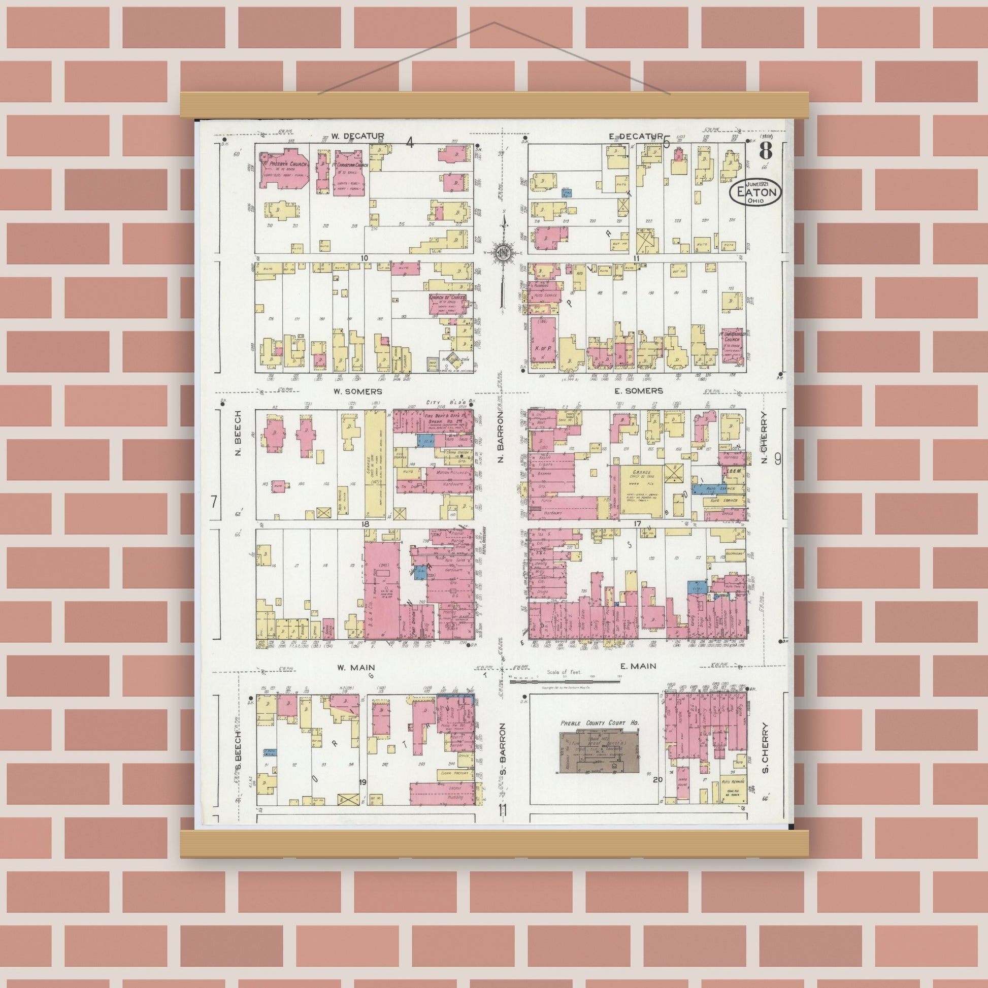 Old map wall art mockup — magnetic wood frame on brick wall — Sanborn Fire Insurance Map from Eaton, Preble County, Ohio (1921), Sheet #0008