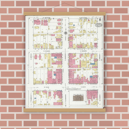 Old map wall art mockup — magnetic wood frame on brick wall — Sanborn Fire Insurance Map from Eaton, Preble County, Ohio (1921), Sheet #0008