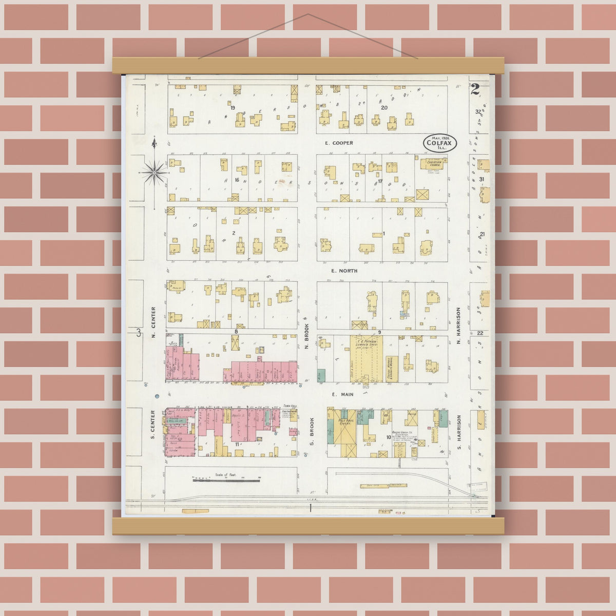 Old map wall art mockup — magnetic wood frame on brick wall — Sanborn Fire Insurance Map from Colfax, McLean County, Illinois (1906), Sheet #0002