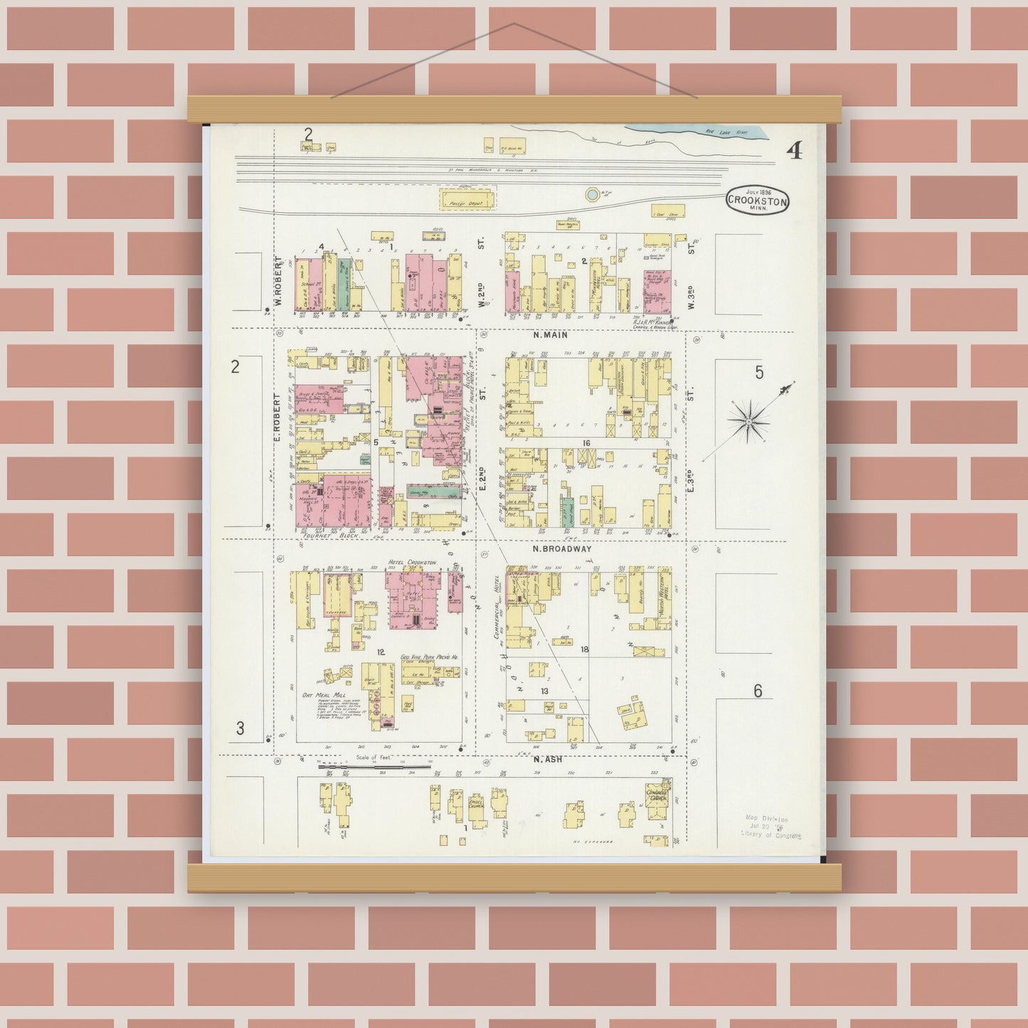 Old map wall art mockup — magnetic wood frame on brick wall — Sanborn Fire Insurance Map from Crookston, Polk County, Minnesota (1896), Sheet #0004