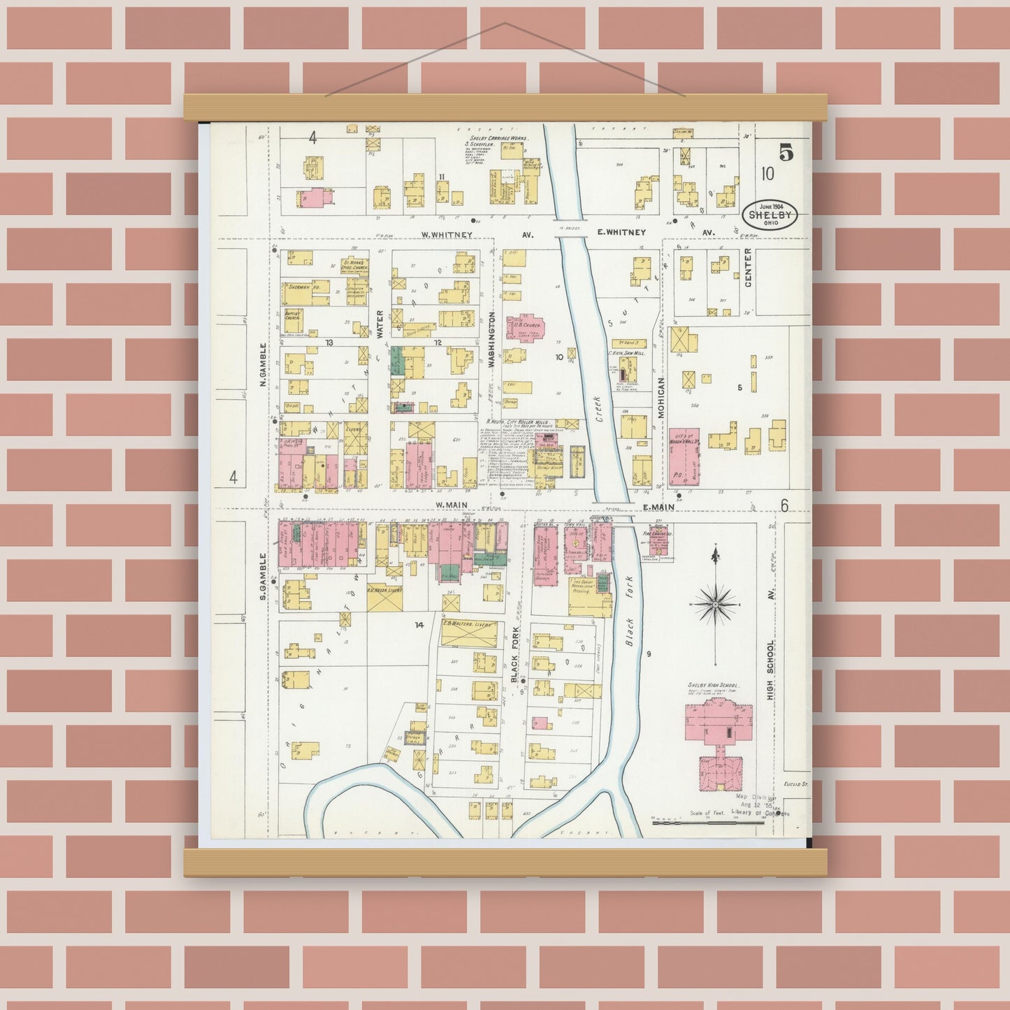 Old map wall art mockup — magnetic wood frame on brick wall — Sanborn Fire Insurance Map from Shelby, Richland County, Ohio (1904), Sheet #0005