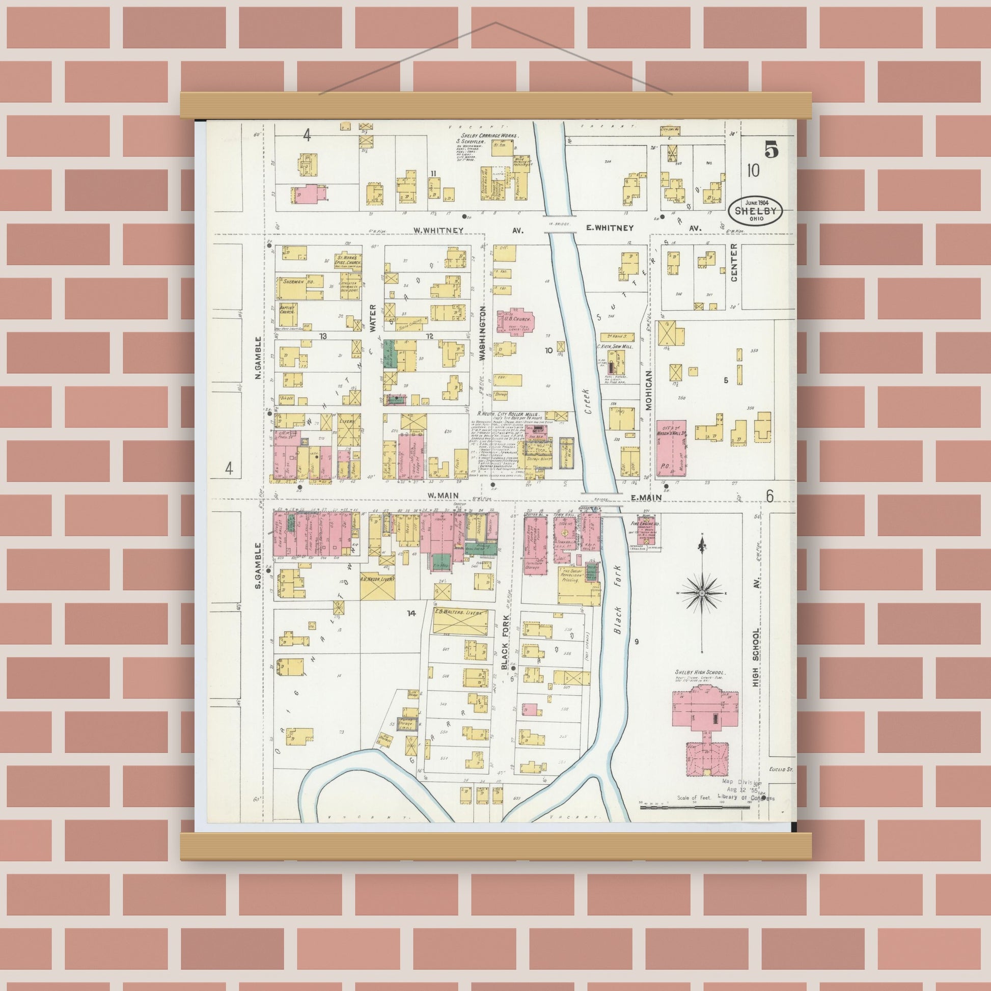Old map wall art mockup — magnetic wood frame on brick wall — Sanborn Fire Insurance Map from Shelby, Richland County, Ohio (1904), Sheet #0005