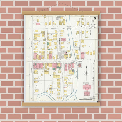 Old map wall art mockup — magnetic wood frame on brick wall — Sanborn Fire Insurance Map from Shelby, Richland County, Ohio (1904), Sheet #0005