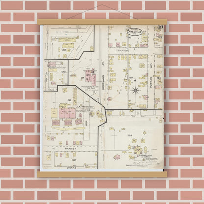 Old map wall art mockup — magnetic wood frame on brick wall — Sanborn Fire Insurance Map from Zanesville, Muskingum County, Ohio (1886), Sheet #0019