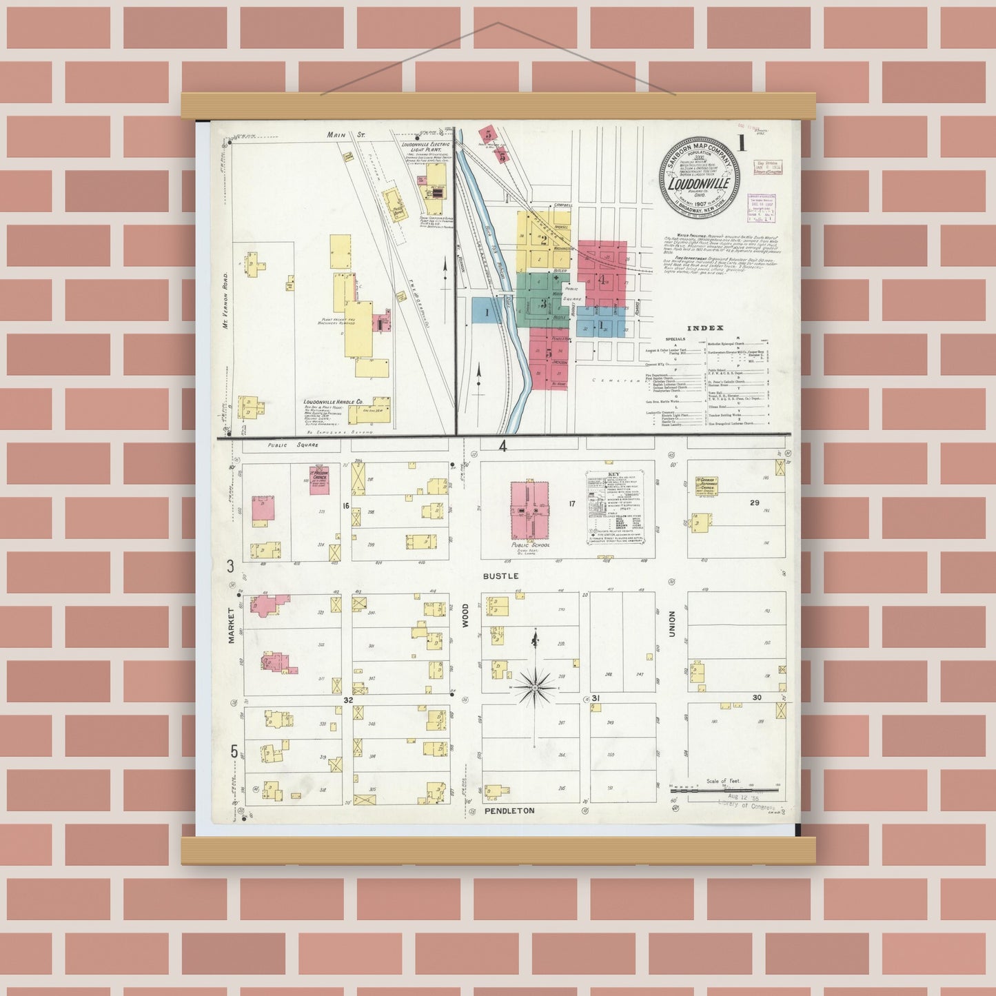 Old map wall art mockup — magnetic wood frame on brick wall — Sanborn Fire Insurance Map from Loudonville, Ashland County, Ohio (1907), Sheet #0001