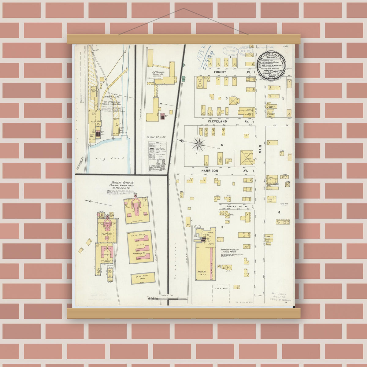 Old map wall art mockup — magnetic wood frame on brick wall — Sanborn Fire Insurance Map from Hazelhurst, McKean County, Pennsylvania (1898), Sheet #0001