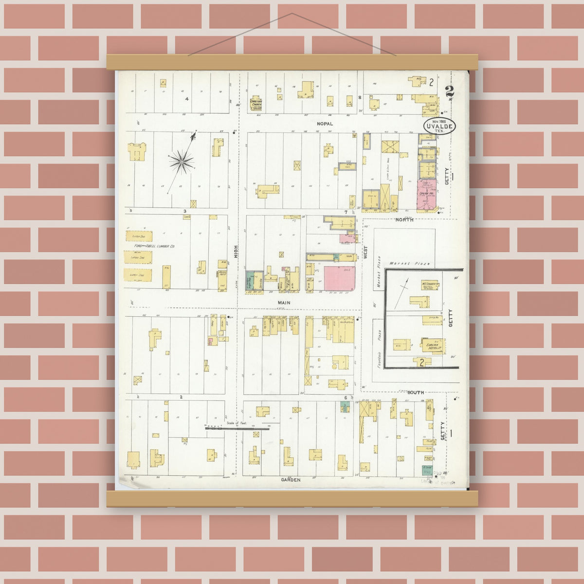 Old map wall art mockup — magnetic wood frame on brick wall — Sanborn Fire Insurance Map from Uvalde, Uvalde County, Texas (1905), Sheet #0002