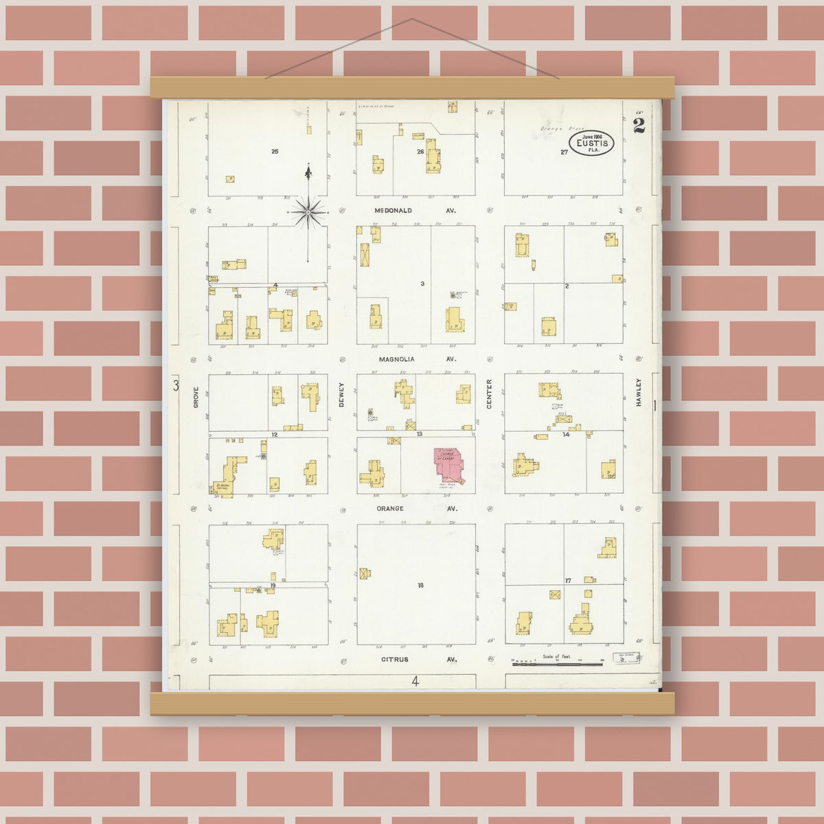Old map wall art mockup — magnetic wood frame on brick wall — Sanborn Fire Insurance Map from Eustis, Lake County, Florida (1906), Sheet #0002