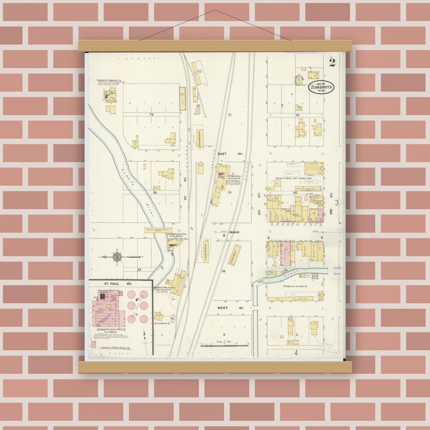 Old map wall art mockup — magnetic wood frame on brick wall — Sanborn Fire Insurance Map from Zumbrota, Goodhue County, Minnesota (1911), Sheet #0002