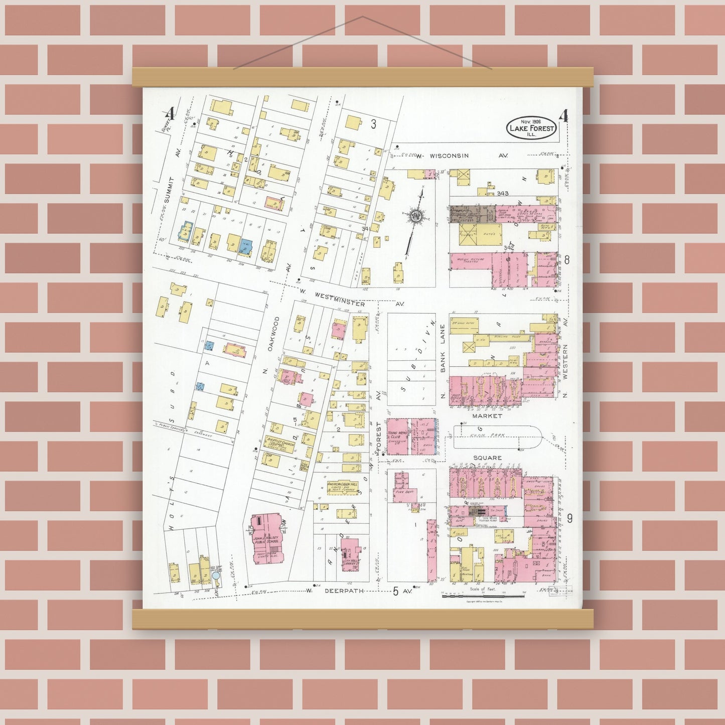 Old map wall art mockup — magnetic wood frame on brick wall — Sanborn Fire Insurance Map from Lake Forest, Lake County, Illinois (1926), Sheet #0004