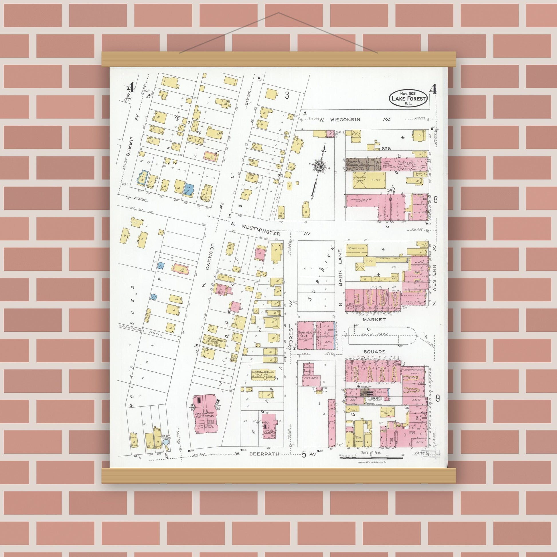 Old map wall art mockup — magnetic wood frame on brick wall — Sanborn Fire Insurance Map from Lake Forest, Lake County, Illinois (1926), Sheet #0004