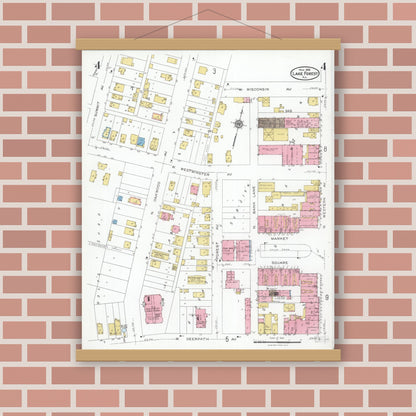Old map wall art mockup — magnetic wood frame on brick wall — Sanborn Fire Insurance Map from Lake Forest, Lake County, Illinois (1926), Sheet #0004