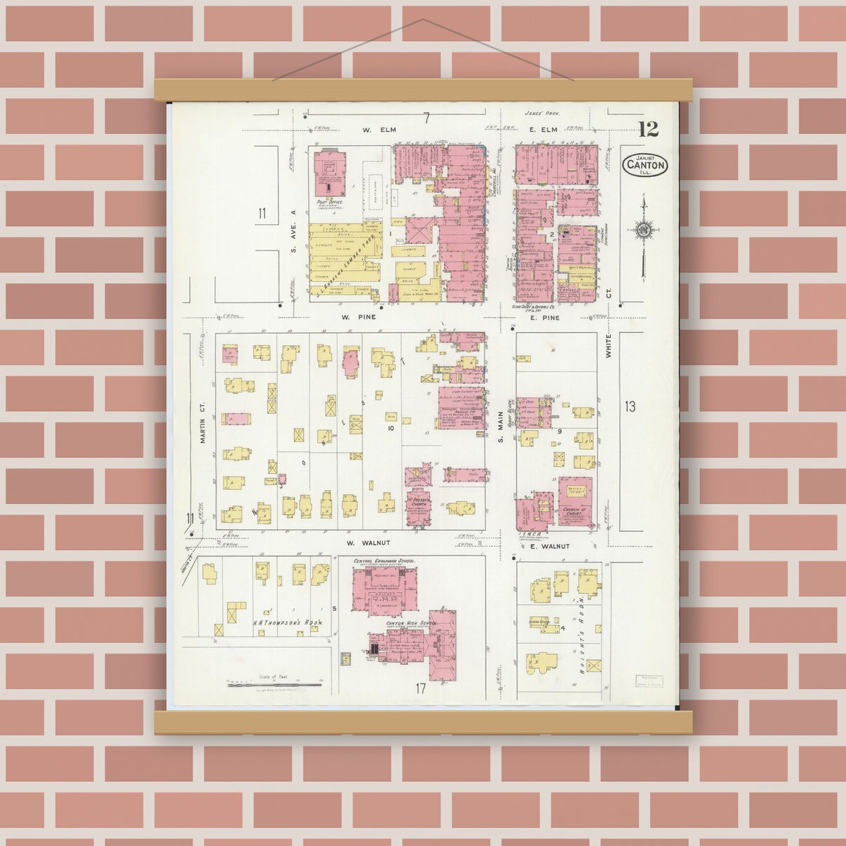 Old map wall art mockup — magnetic wood frame on brick wall — Sanborn Fire Insurance Map from Canton, Fulton County, Illinois (1917), Sheet #0012
