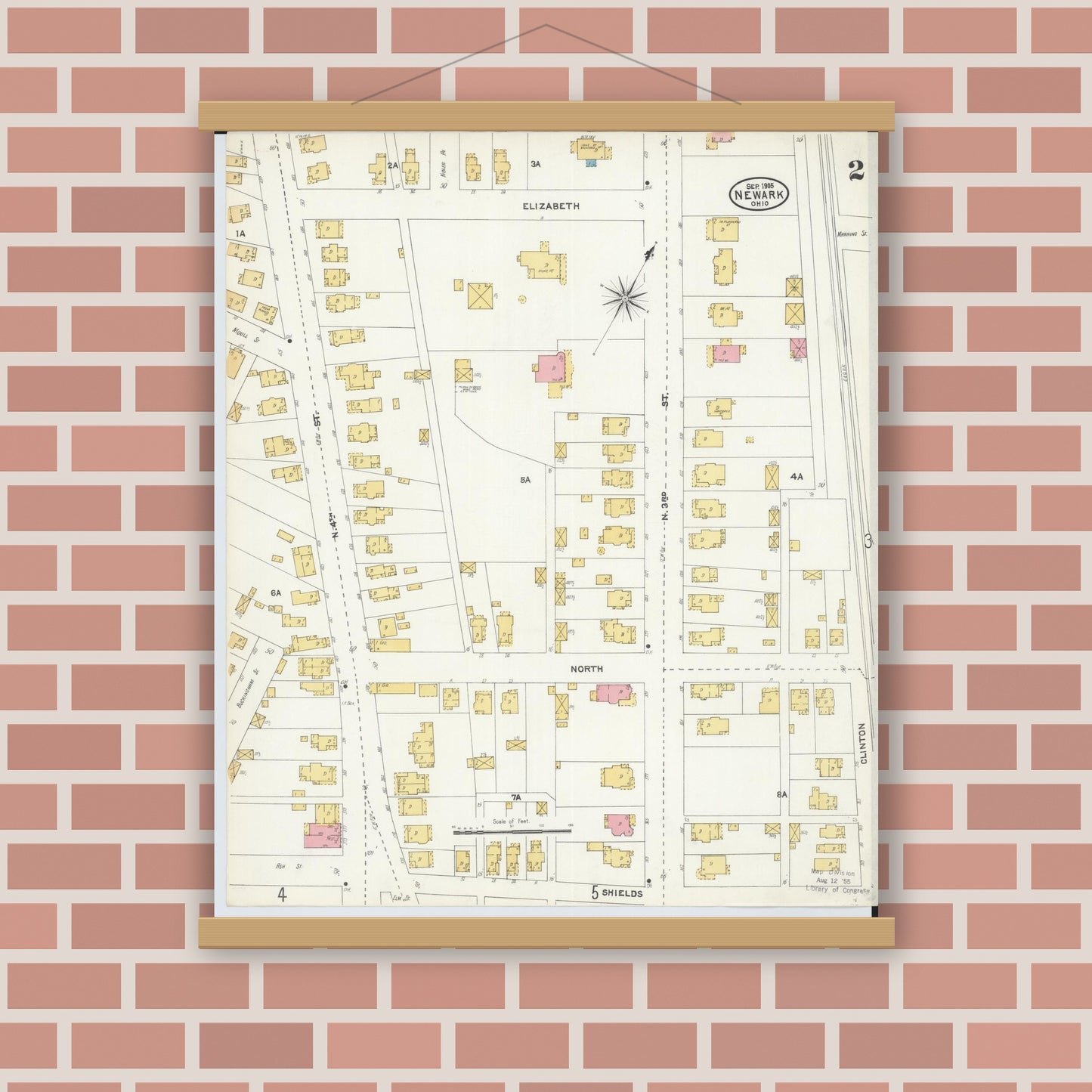 Old map wall art mockup — magnetic wood frame on brick wall — Sanborn Fire Insurance Map from Newark, Licking County, Ohio (1905), Sheet #0002