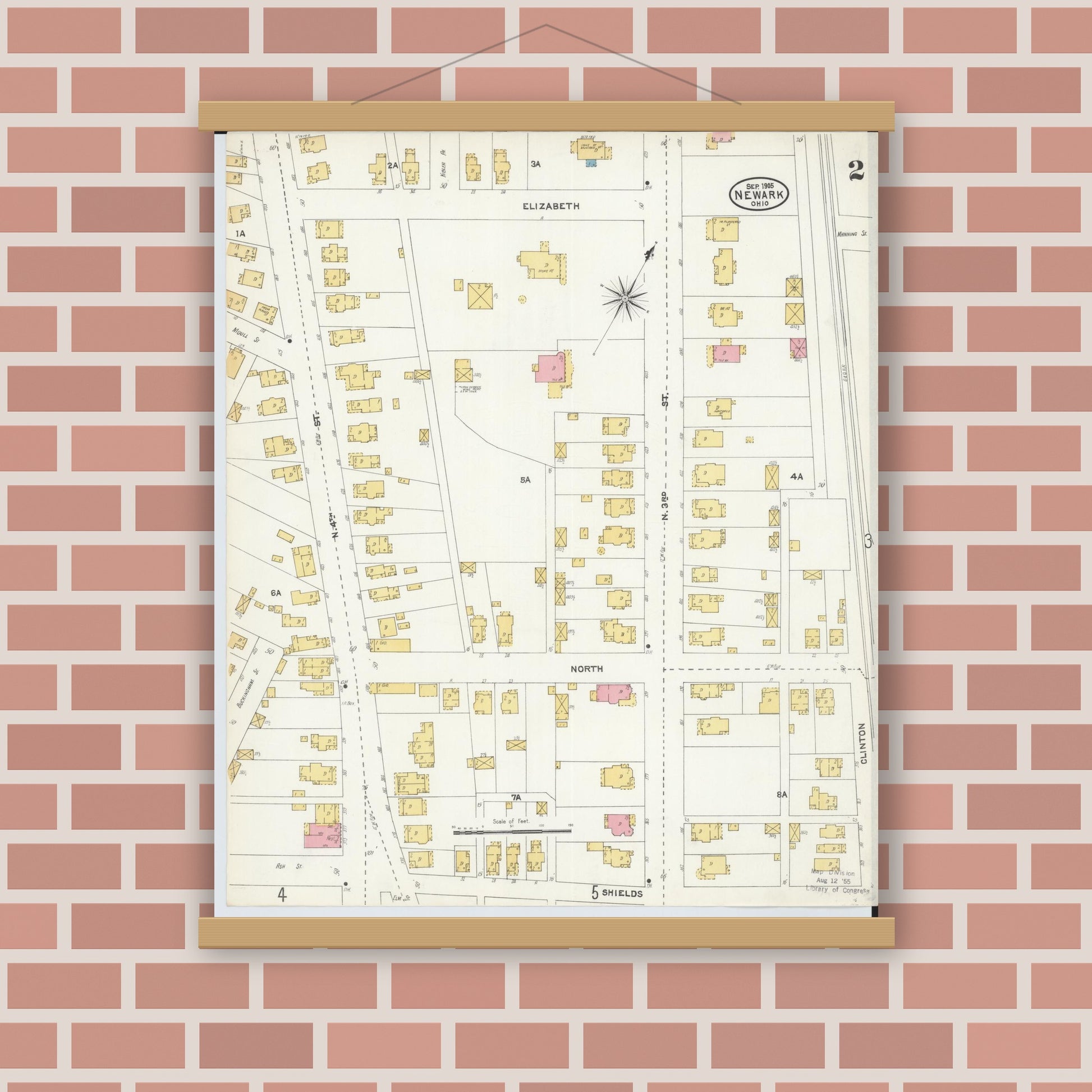 Old map wall art mockup — magnetic wood frame on brick wall — Sanborn Fire Insurance Map from Newark, Licking County, Ohio (1905), Sheet #0002
