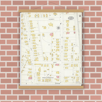 Old map wall art mockup — magnetic wood frame on brick wall — Sanborn Fire Insurance Map from Newark, Licking County, Ohio (1905), Sheet #0002