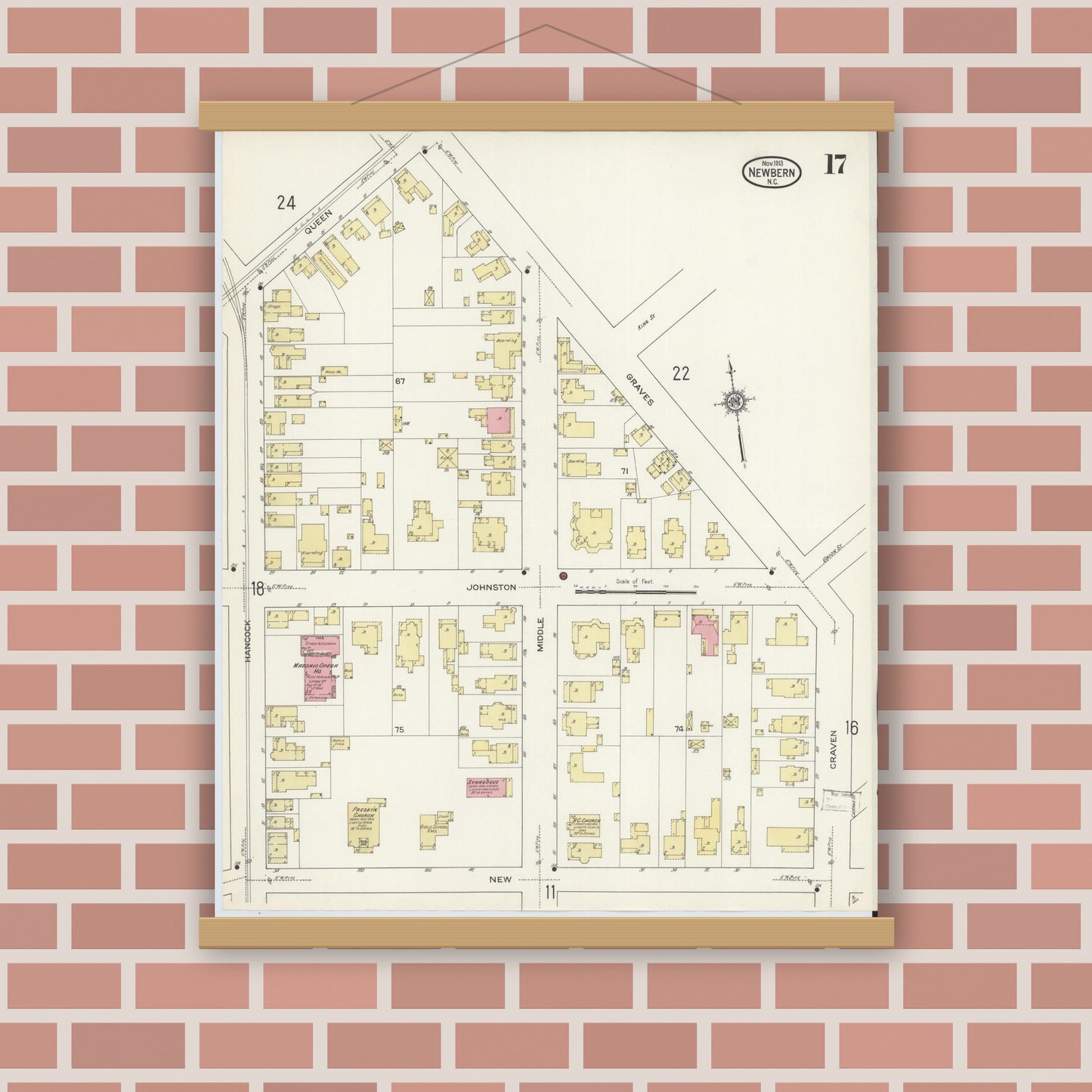 Old map wall art mockup — magnetic wood frame on brick wall — Sanborn Fire Insurance Map from New Bern, Craven County, North Carolina (1913), Sheet #0017