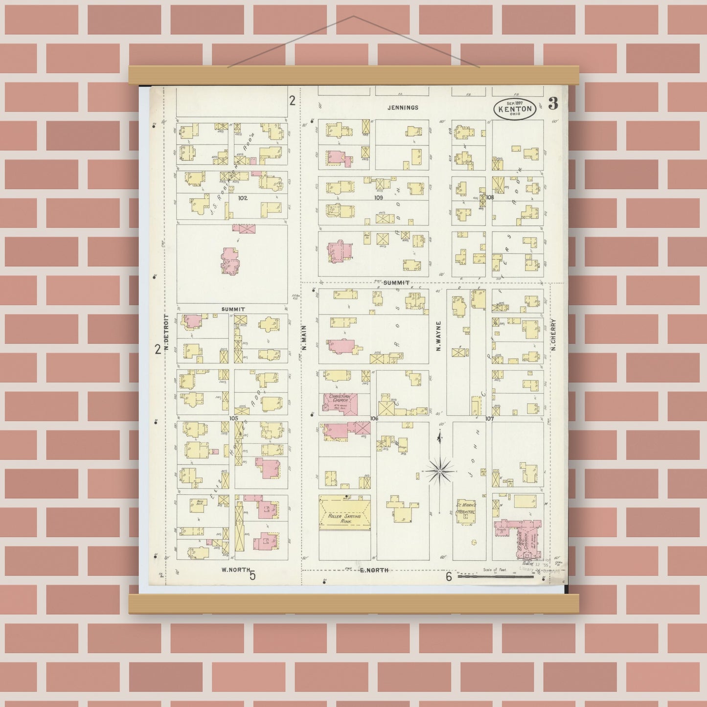 Old map wall art mockup — magnetic wood frame on brick wall — Sanborn Fire Insurance Map from Kenton, Hardin County, Ohio (1897), Sheet #0003