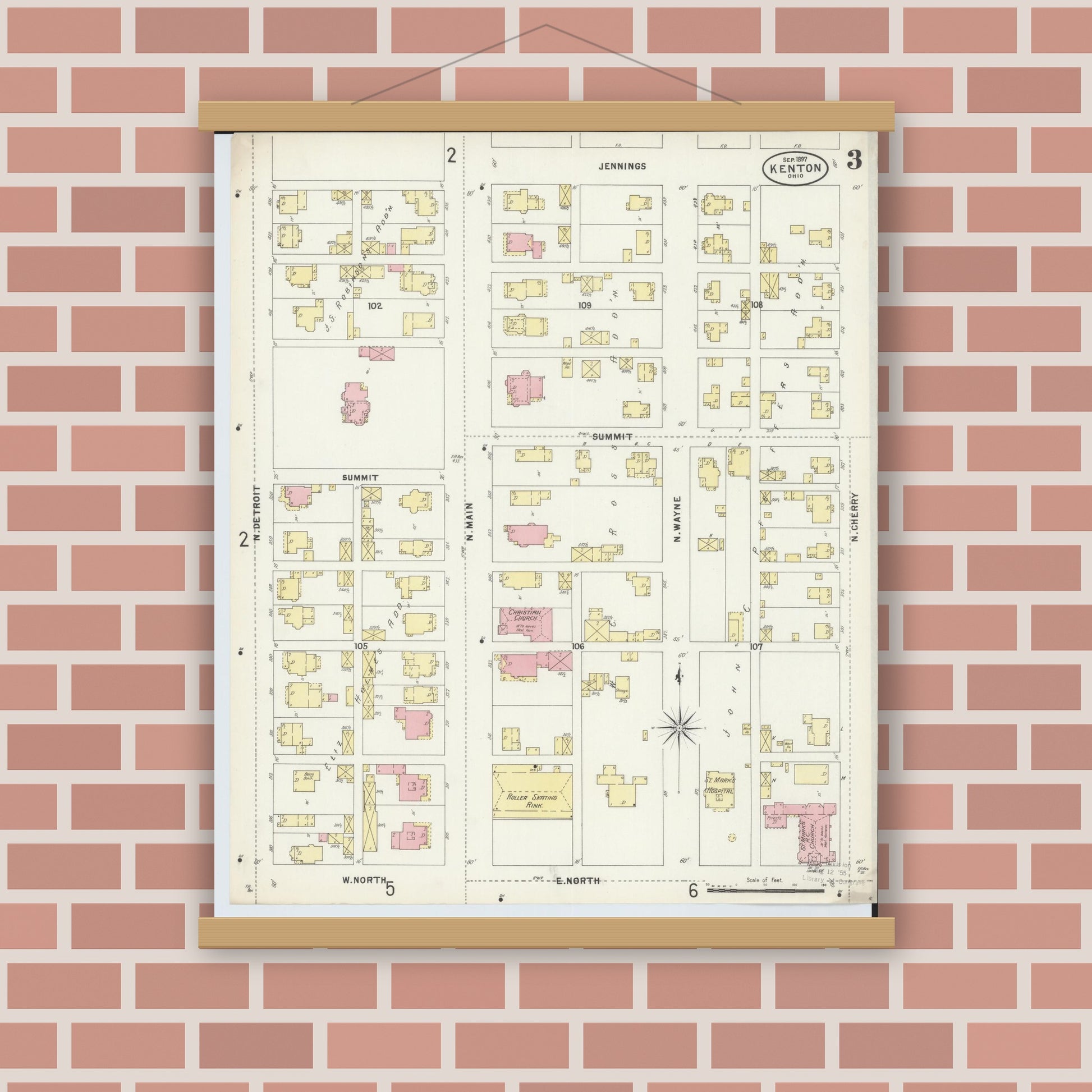 Old map wall art mockup — magnetic wood frame on brick wall — Sanborn Fire Insurance Map from Kenton, Hardin County, Ohio (1897), Sheet #0003