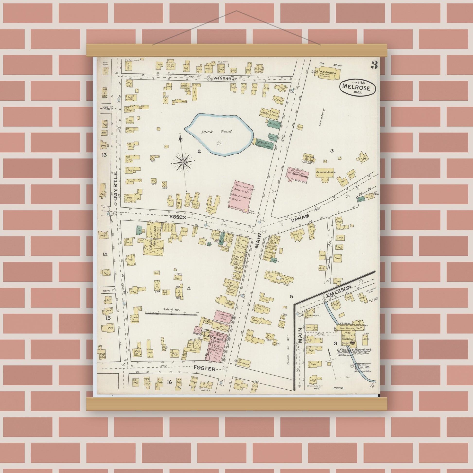 Old map wall art mockup — magnetic wood frame on brick wall — Sanborn Fire Insurance Map from Melrose, Middlesex County, Massachusetts (1887), Sheet #0003