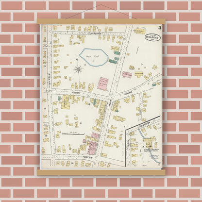 Old map wall art mockup — magnetic wood frame on brick wall — Sanborn Fire Insurance Map from Melrose, Middlesex County, Massachusetts (1887), Sheet #0003