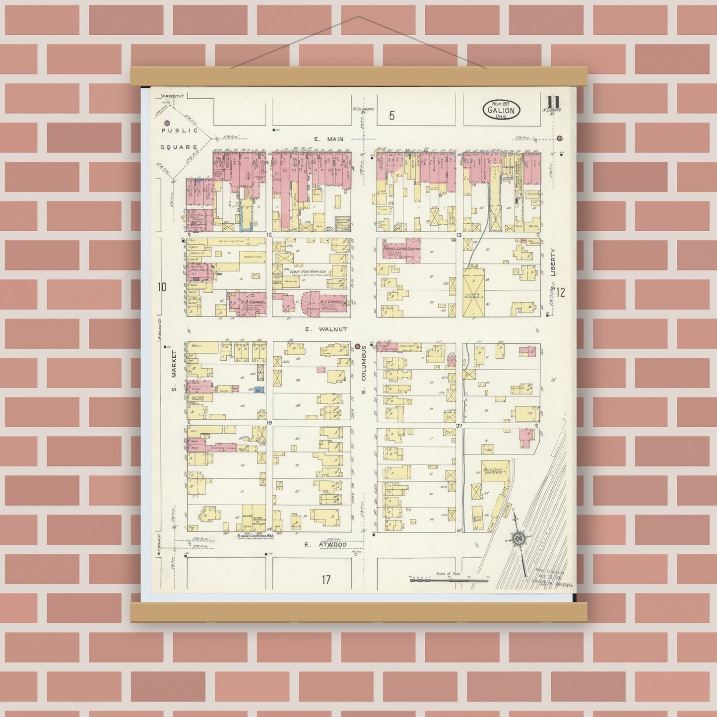 Old map wall art mockup — magnetic wood frame on brick wall — Sanborn Fire Insurance Map from Galion, Crawford County, Ohio (1913), Sheet #0011