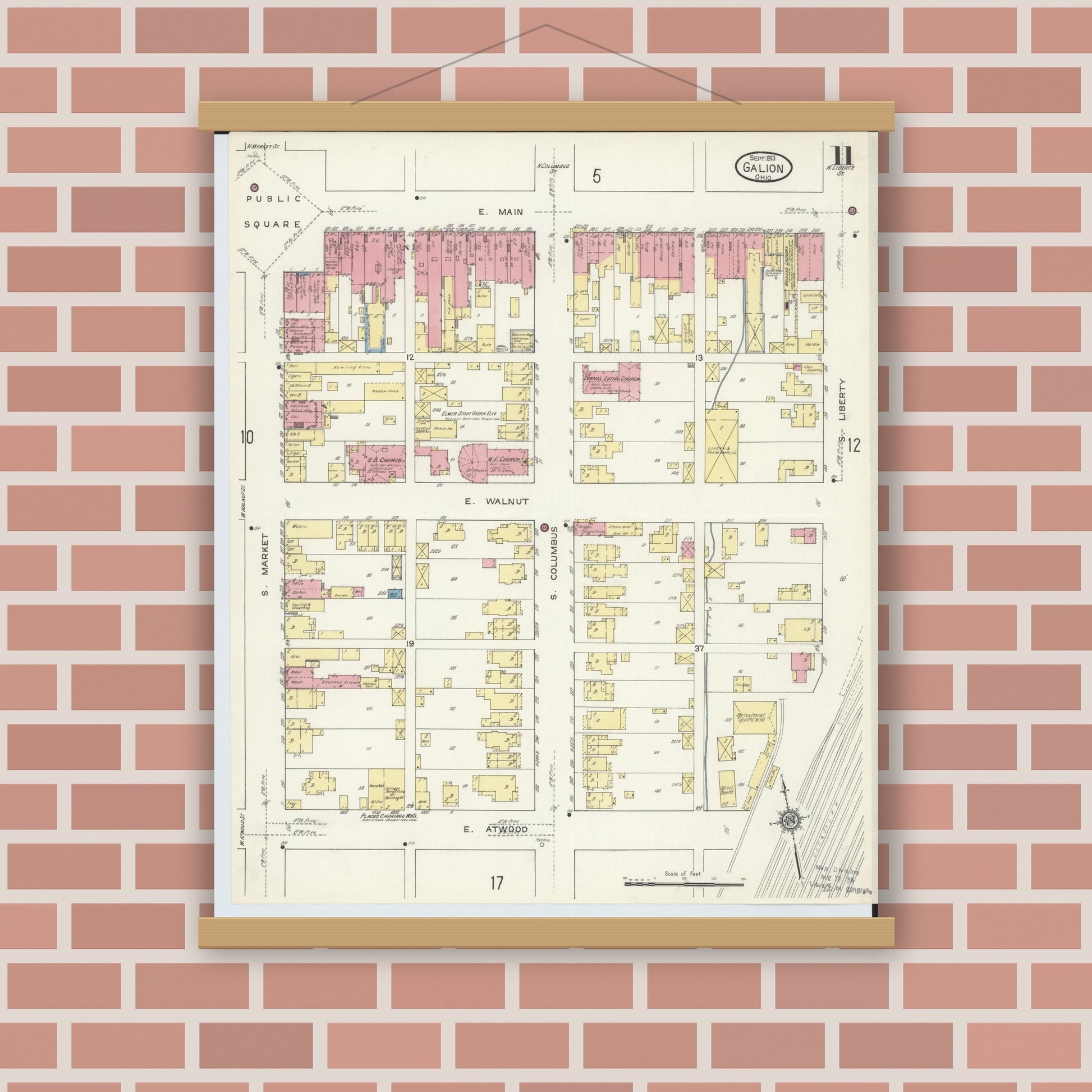 Old map wall art mockup — magnetic wood frame on brick wall — Sanborn Fire Insurance Map from Galion, Crawford County, Ohio (1913), Sheet #0011