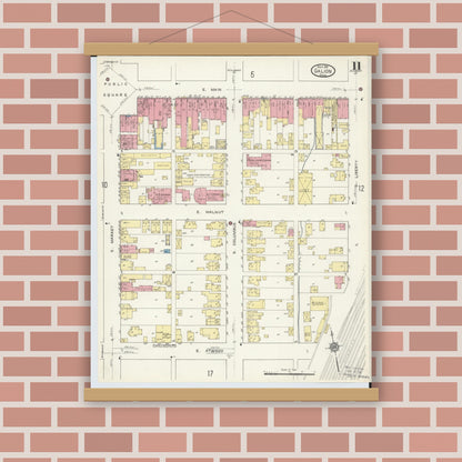 Old map wall art mockup — magnetic wood frame on brick wall — Sanborn Fire Insurance Map from Galion, Crawford County, Ohio (1913), Sheet #0011