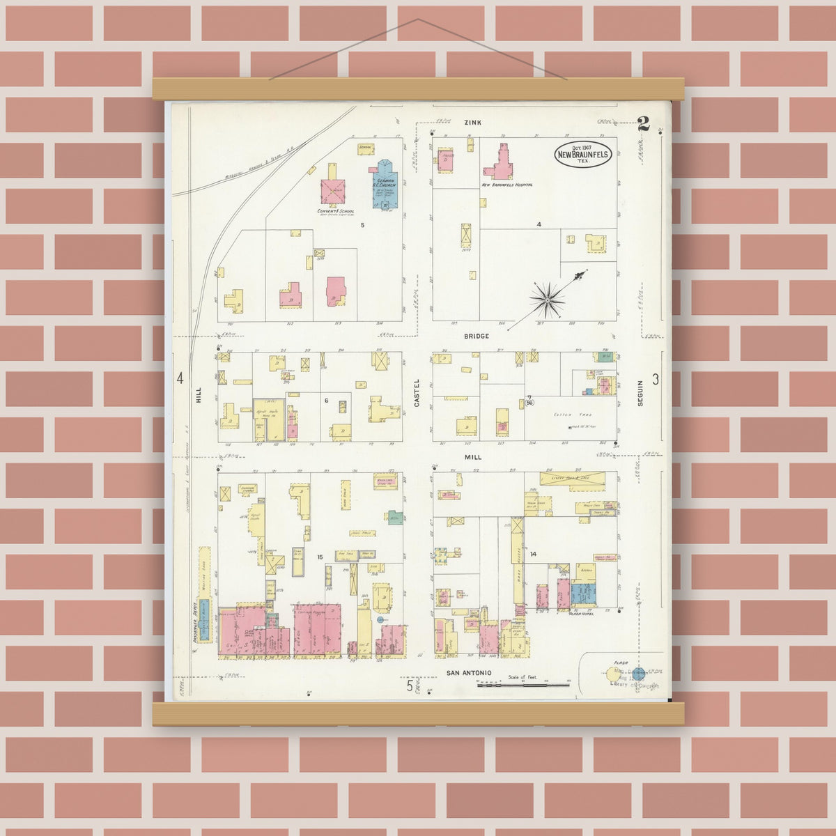 Old map wall art mockup — magnetic wood frame on brick wall — Sanborn Fire Insurance Map from New Braunfels, Comal County, Texas (1907), Sheet #0002