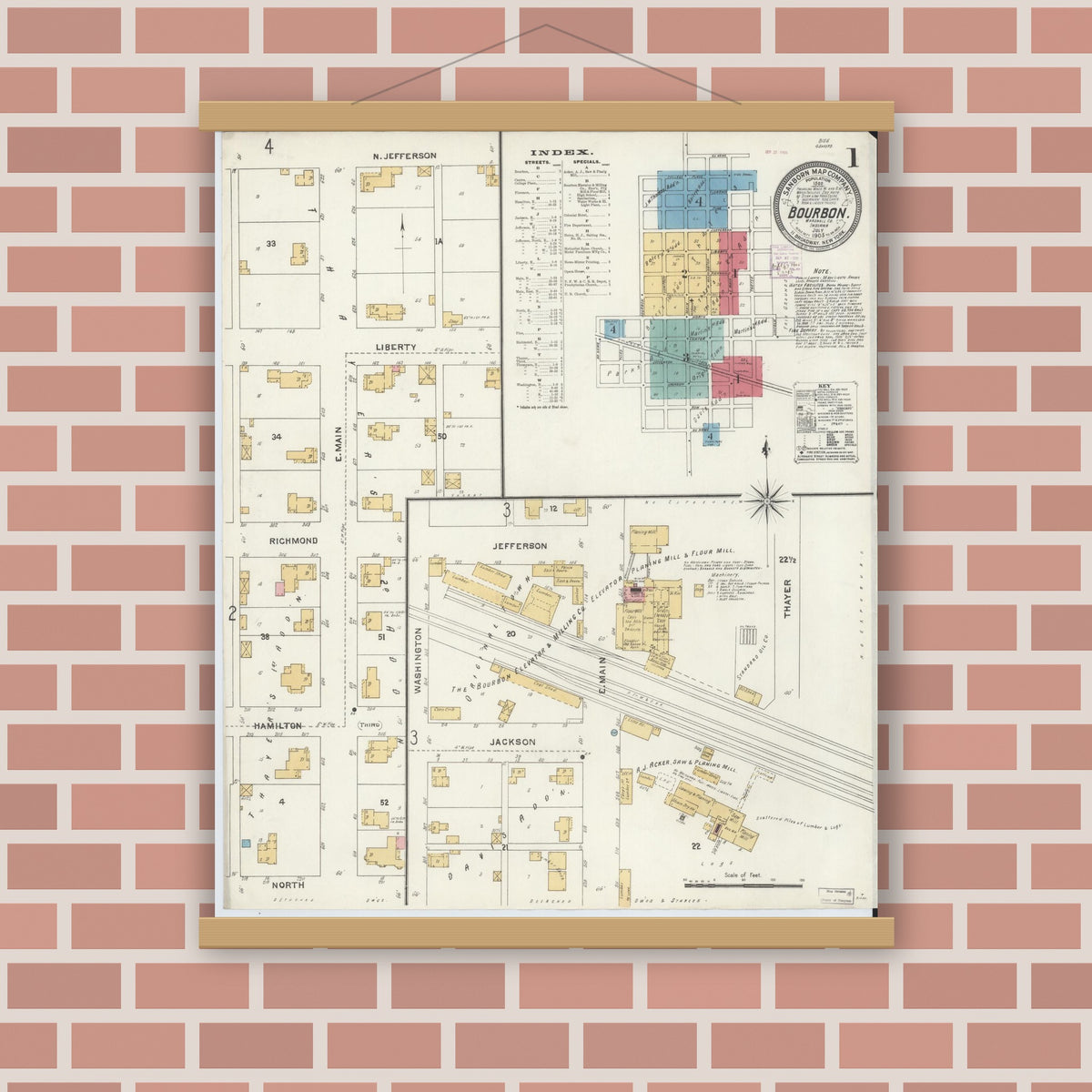 Old map wall art mockup — magnetic wood frame on brick wall — Sanborn Fire Insurance Map from Bourbon, Marshall County, Indiana (1905) - Complete Map Set