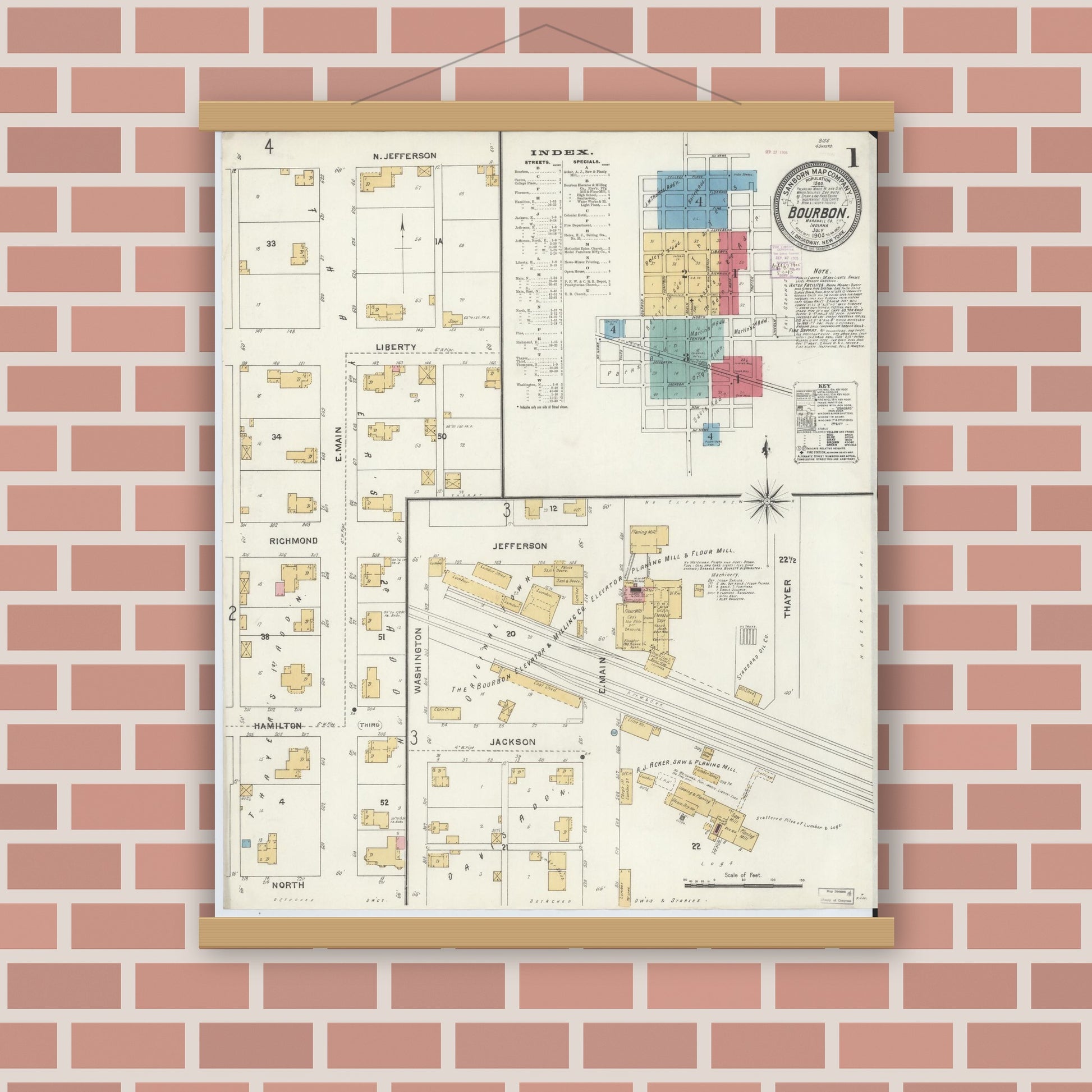 Old map wall art mockup — magnetic wood frame on brick wall — Sanborn Fire Insurance Map from Bourbon, Marshall County, Indiana (1905) - Complete Map Set