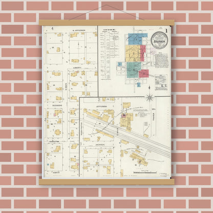 Old map wall art mockup — magnetic wood frame on brick wall — Sanborn Fire Insurance Map from Bourbon, Marshall County, Indiana (1905) - Complete Map Set
