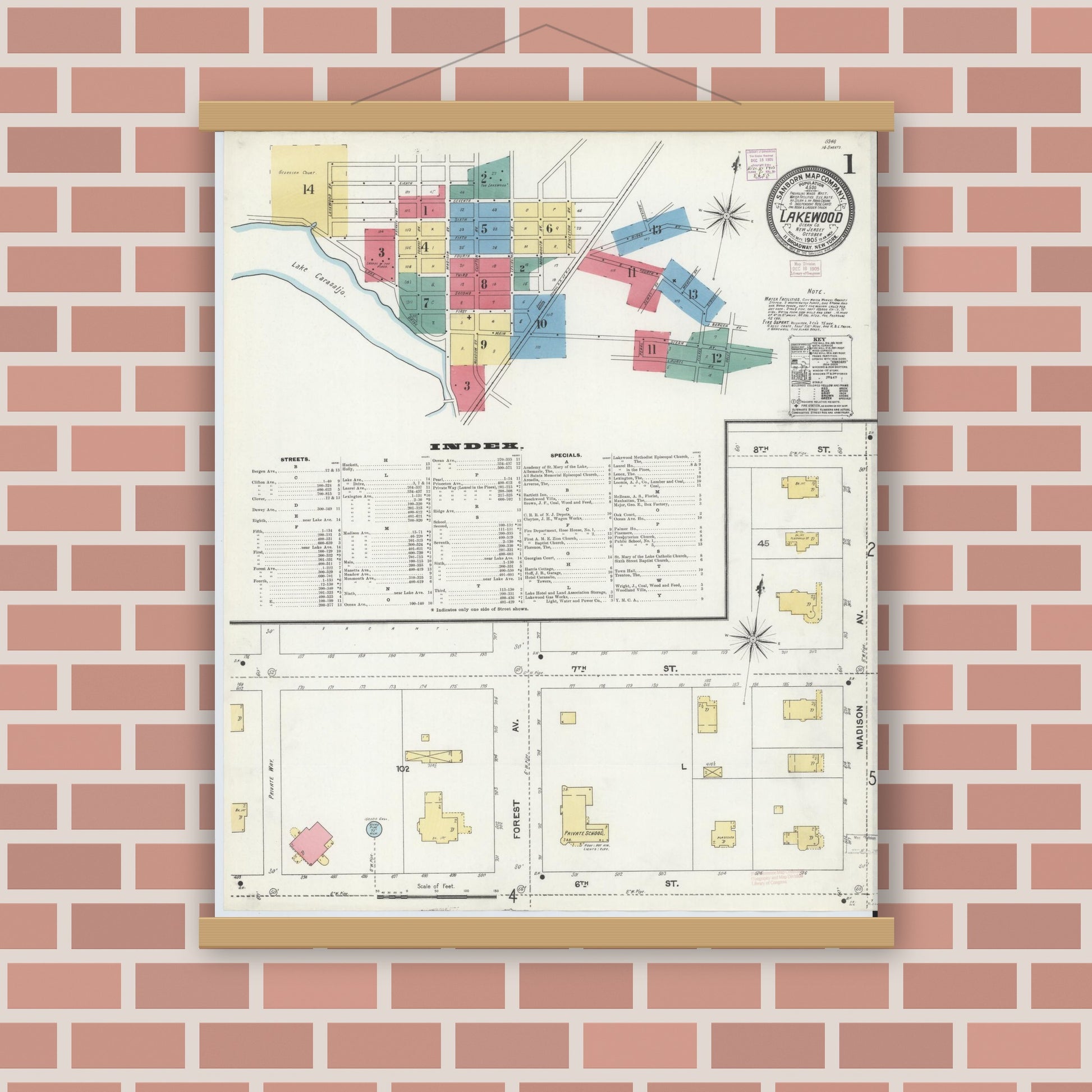 Old map wall art mockup — magnetic wood frame on brick wall — Sanborn Fire Insurance Map from Lakewood, Ocean County, New Jersey (1905) - Complete Map Set