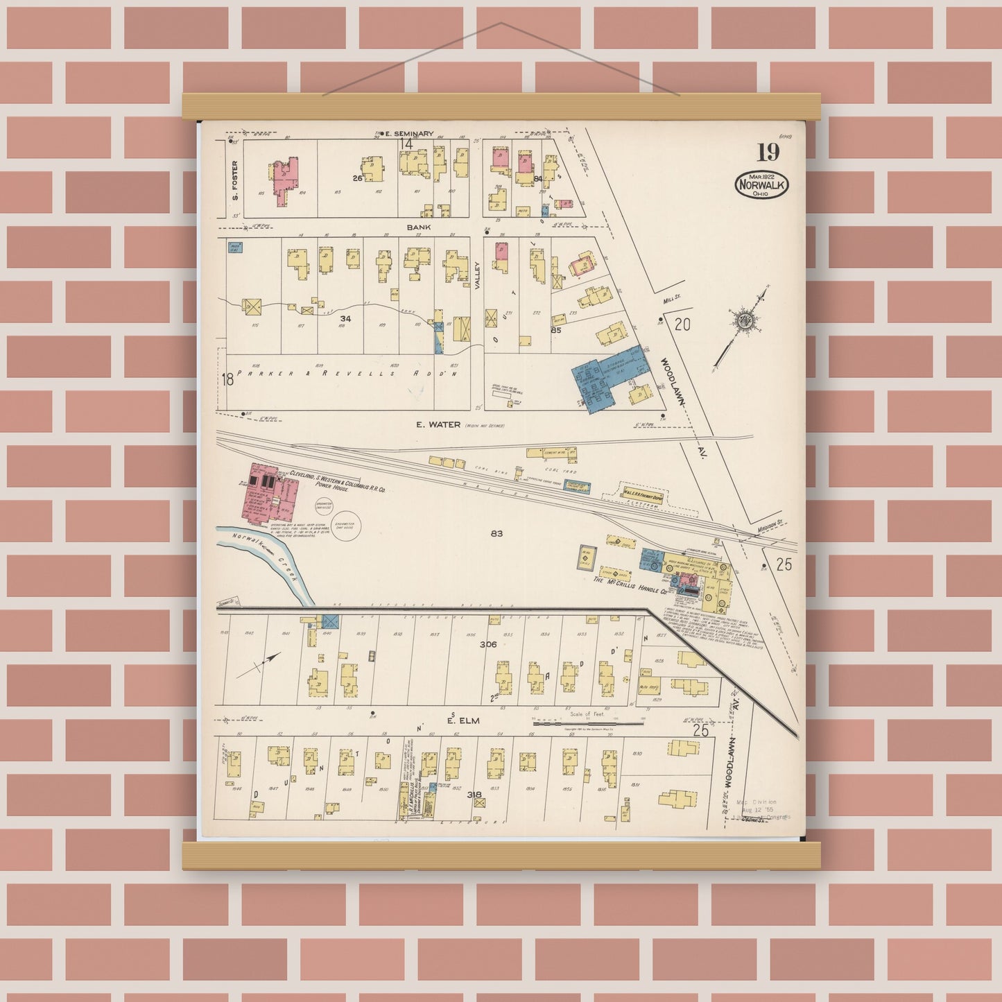 Old map wall art mockup — magnetic wood frame on brick wall — Sanborn Fire Insurance Map from Norwalk, Huron County, Ohio (1922), Sheet #0019