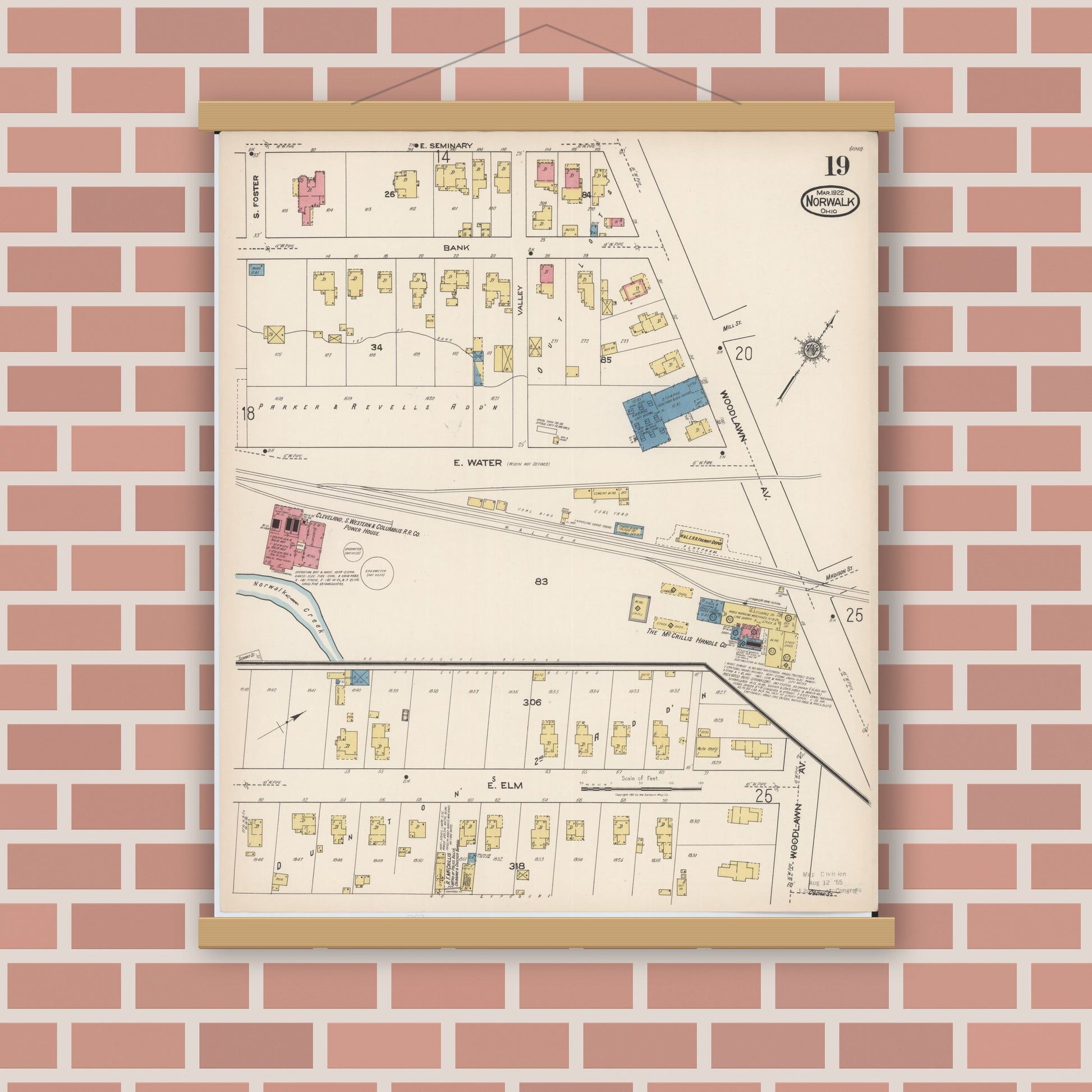 Old map wall art mockup — magnetic wood frame on brick wall — Sanborn Fire Insurance Map from Norwalk, Huron County, Ohio (1922), Sheet #0019