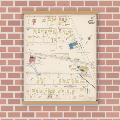 Old map wall art mockup — magnetic wood frame on brick wall — Sanborn Fire Insurance Map from Norwalk, Huron County, Ohio (1922), Sheet #0019